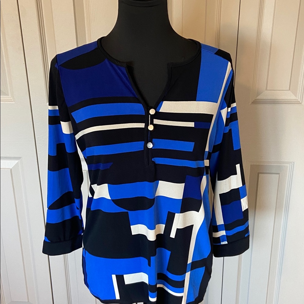 Notations Geometric Black & Blue 3/4 Sleeve Blouse Top Shirt Women's Small